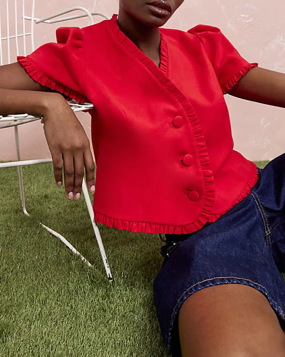 V-Neck Pleated Lace Women's Short-Sleeved Shirts