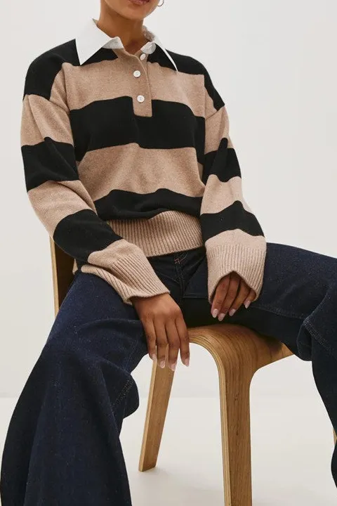 Beige Black Striped Rugby Henley Sweater