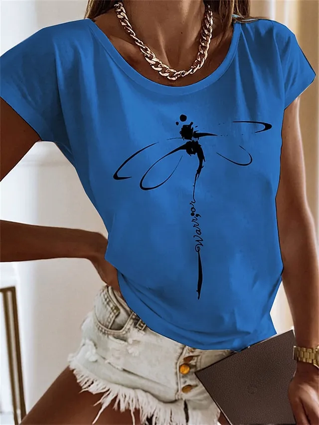 Women's T shirt Tee 100% Cotton Black White Blue Graphic Print Short Sleeve Daily Weekend Basic Round Neck Regular Fit Painting