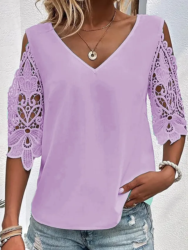 Women's Blouse White Pink Blue Plain Lace Cut Out Half Sleeve Daily Weekend Fashion Basic Elegant V Neck Regular Fit
