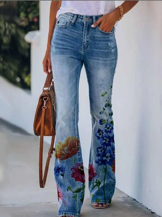 Women's Bootcut Flared Pants Bell Bottom Grey Fashion Casual Daily Full Length Flower / Floral XXL