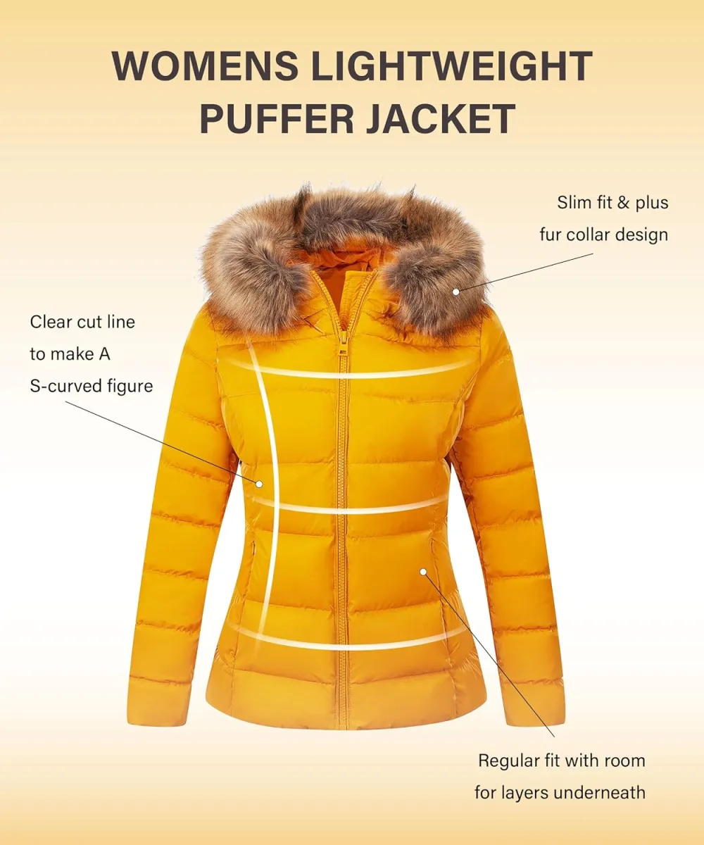 Womens Lightweight Puffer Jacket, Winter Coats for Women Warm Quilted Bubble Padded Hood Coat with Faux Fur Collar