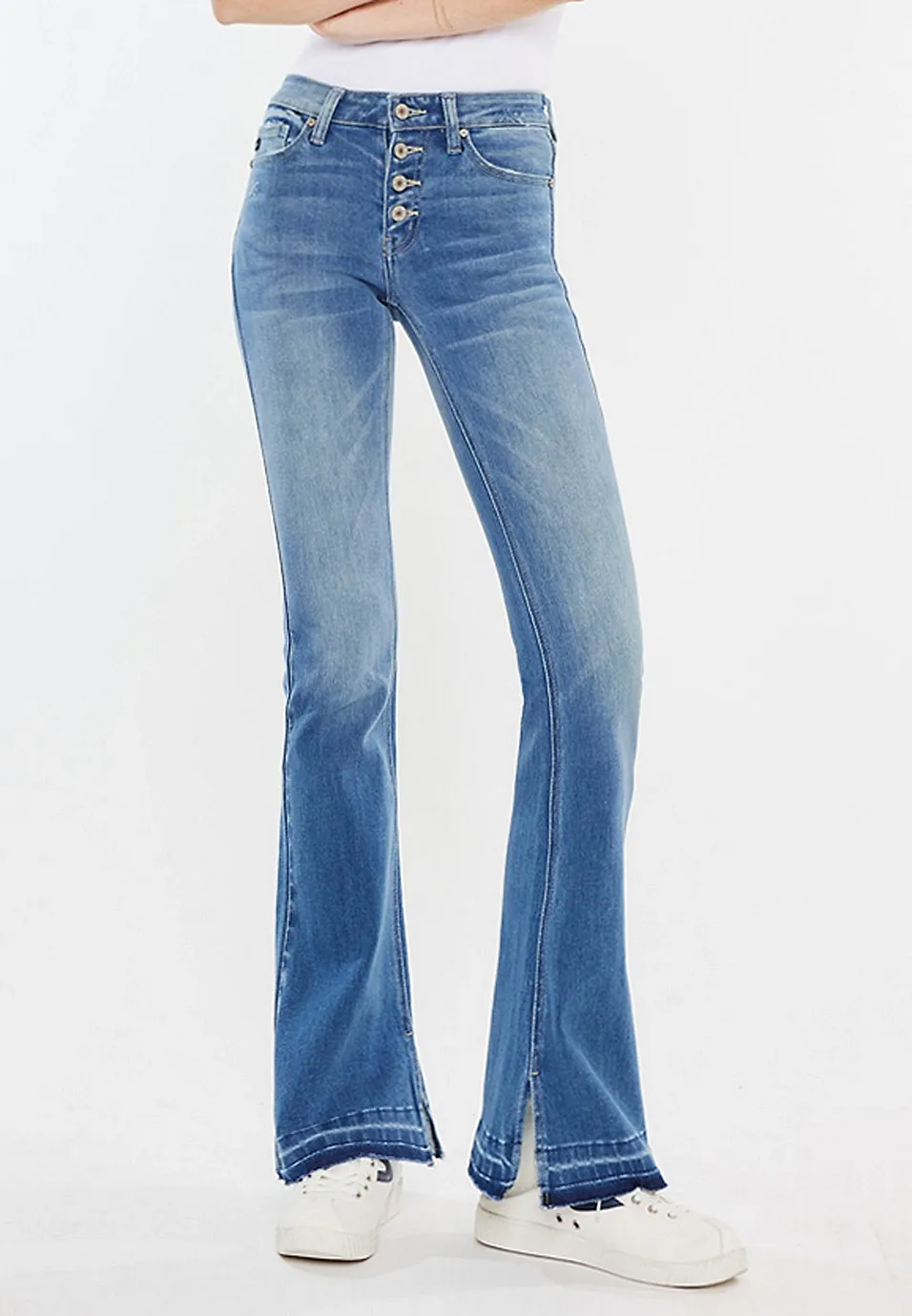 Mid Rise Buttonfly Split Hem Flare Jean