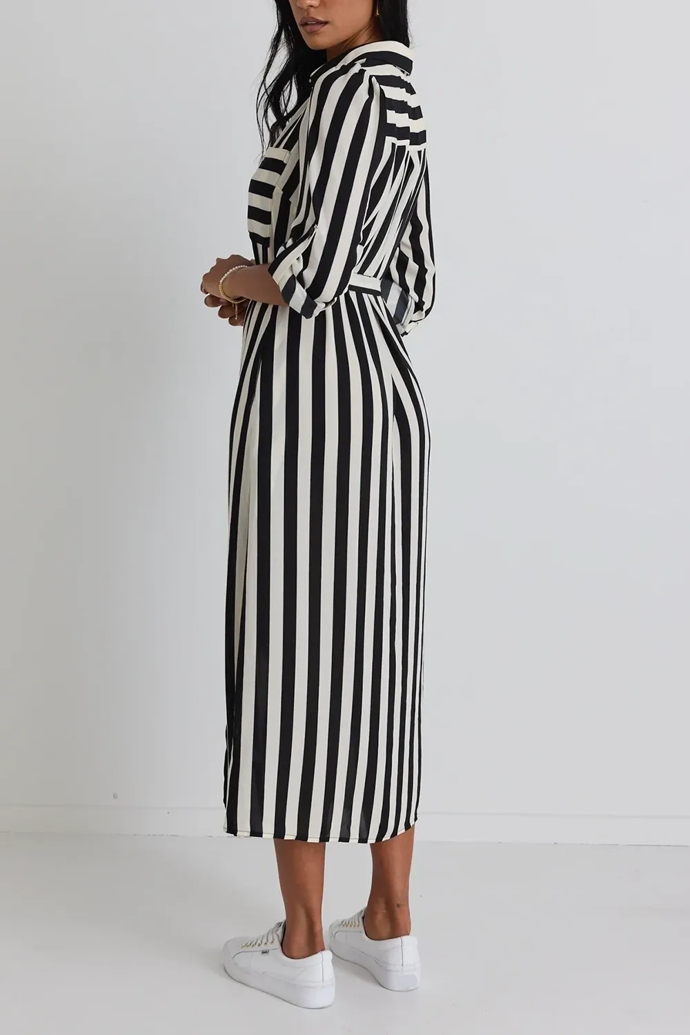 Black And White Stripe Shirt Midi Dress