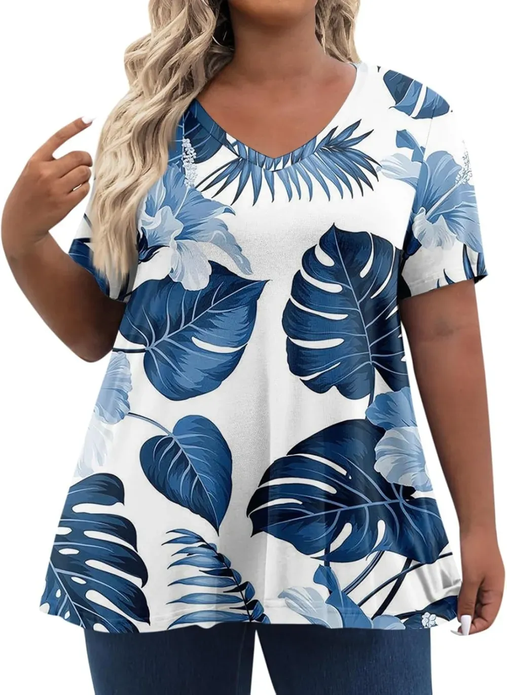 Plus Size Tops for Women Dressy Short Sleeve V Neck Shirts for Women Summer Tops for Women 2024 Floral Print Top
