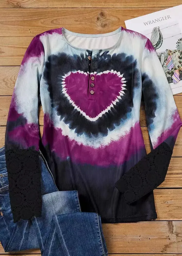 Round Neck Casual Heart Gradient Print Long Sleeve T-shirt