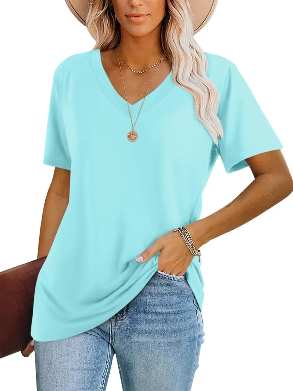 ORANDESIGNE Women's Color Block Short Sleeve T Shirts Casual V Neck Summer Tops Tees Loose Fit Blouses