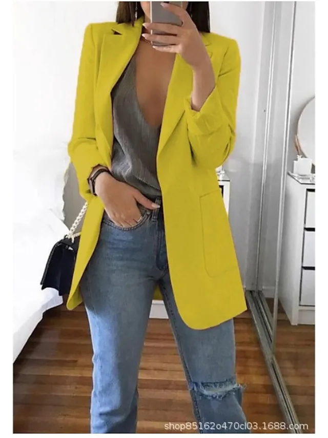 Women's Plus Size Curve Blazer Spring Work to Wear Office Jacket with Pocket Long Sleeve Peaked Lapel Fall Winter