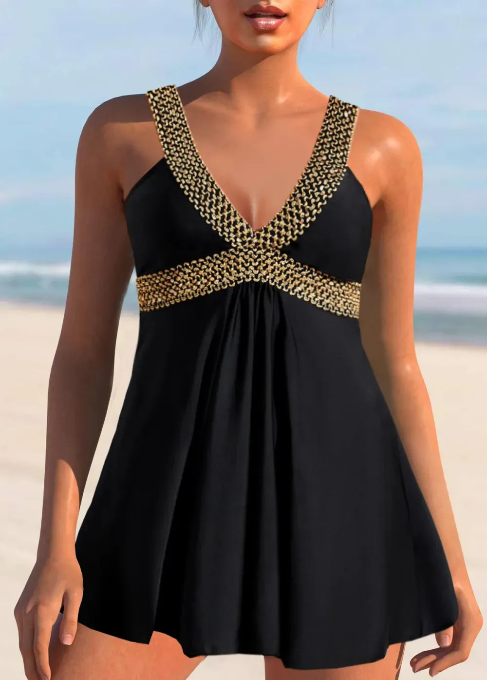 Patchwork Black Wide Strap Swimdress Top