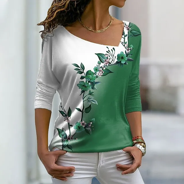 Women's Plus Size T shirt Tee Pink Blue Purple Graphic Floral Print Long Sleeve Casual Weekend Daily V Neck Regular Fit Floral Painting Fall & Winter