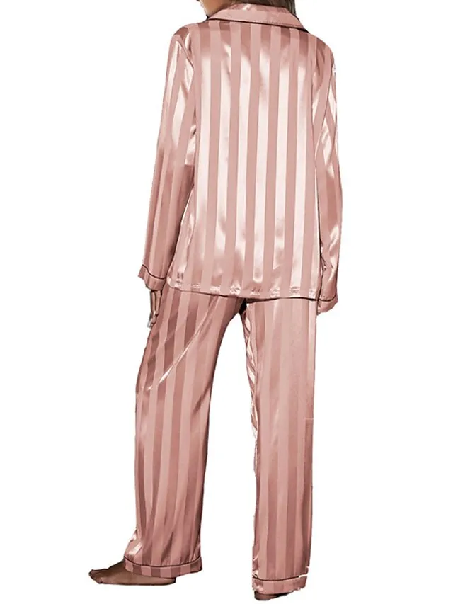 Women's Pajamas Sets Stripe Simple Comfort Soft Christmas Daily Carnival Satin Gift Lapel Long Sleeve Shirt Pant Button Pocket Fall Spring Pink Fuchsia