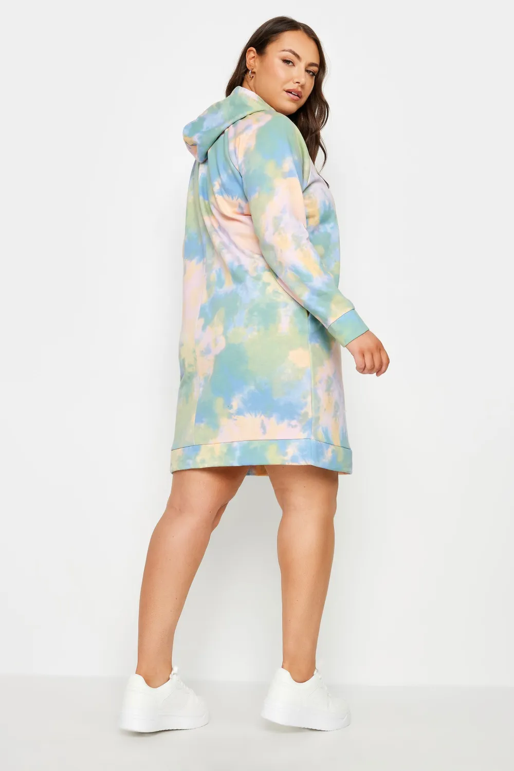YOURS Curve Pink & Green Tie Dye Hoodie Dress