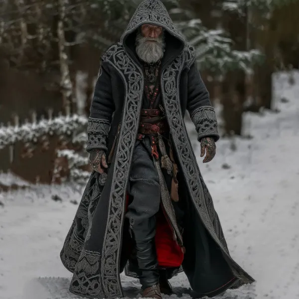 Men's Vintage Viking Celtic Knot Art Pocket Long Cardigan Sweater