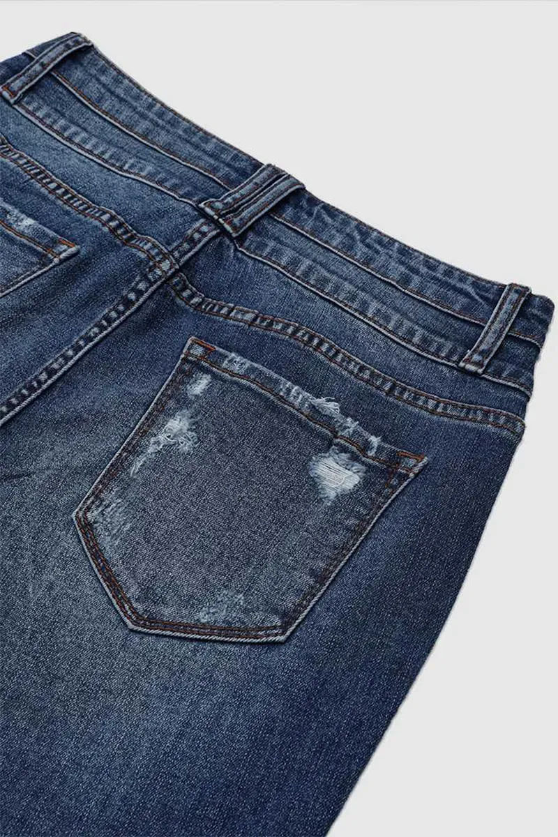 Dual Button Ripped Raw Hem High Rise Bootcut Jeans