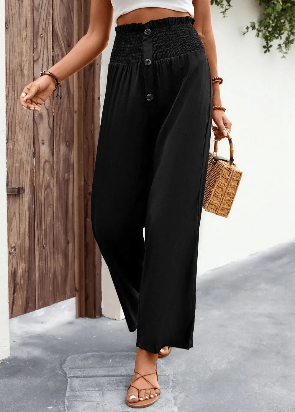 Black Button Regular Elastic Waist High Waisted Pants