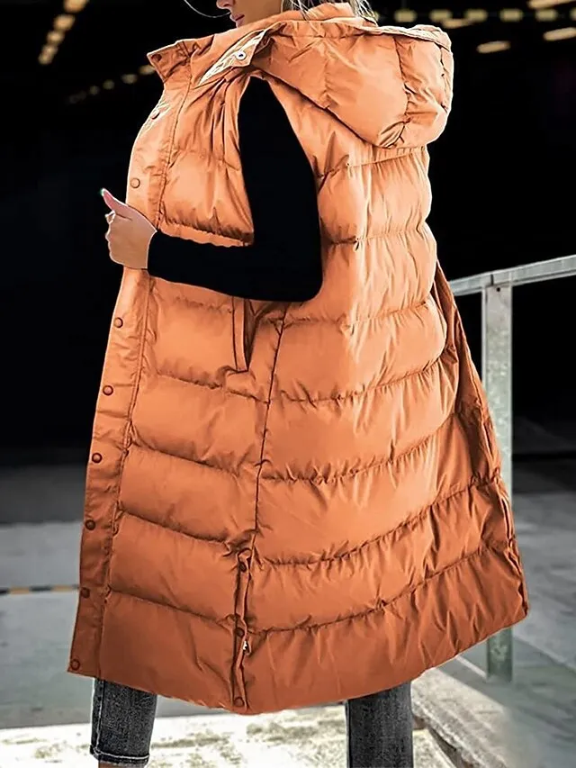 Women's Puffer Vest Long Winter Coat Sleeveless Hooded Jacket Thermal Warm Parka Windproof Gilet Zipper Outerwear Fall