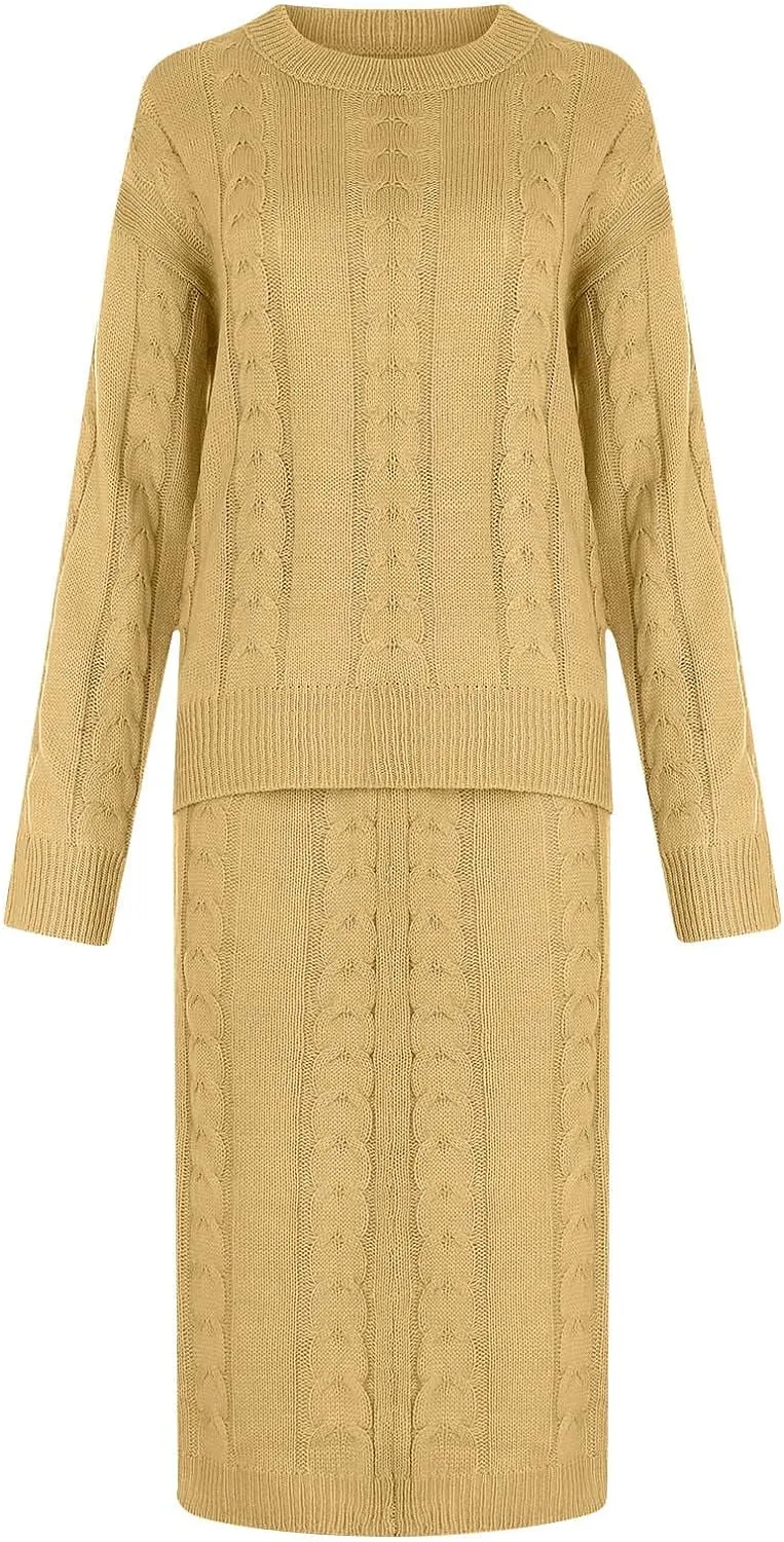 Women 2 Piece Outfits Knitted Sweater Tops and Long Skirt Turtleneck Long Sleeve Bodycon Dress Set Chunky Cable Knit