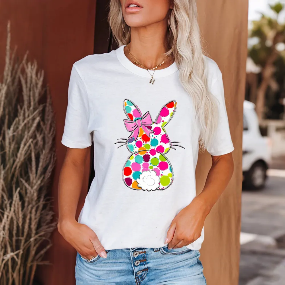 Colorful Easter Bunny Printed Round Neck Short Sleeve T-Shirt