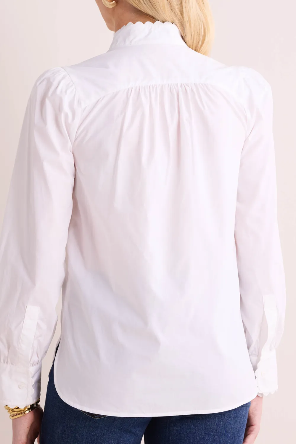 White Scallop Collar Long Sleeve Button-Front Blouse
