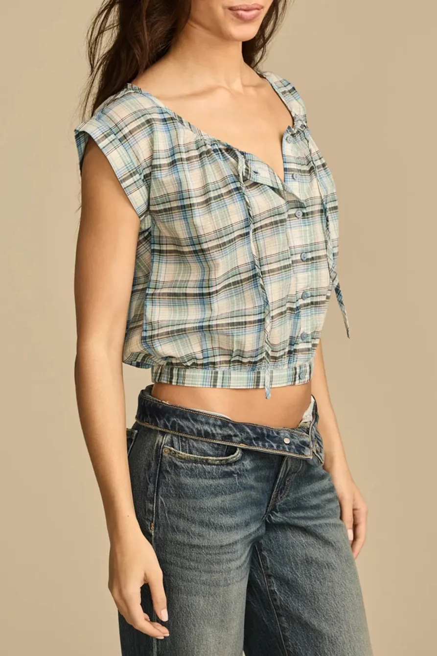 Blue Plaid Sleeveless Buttondown Blouse