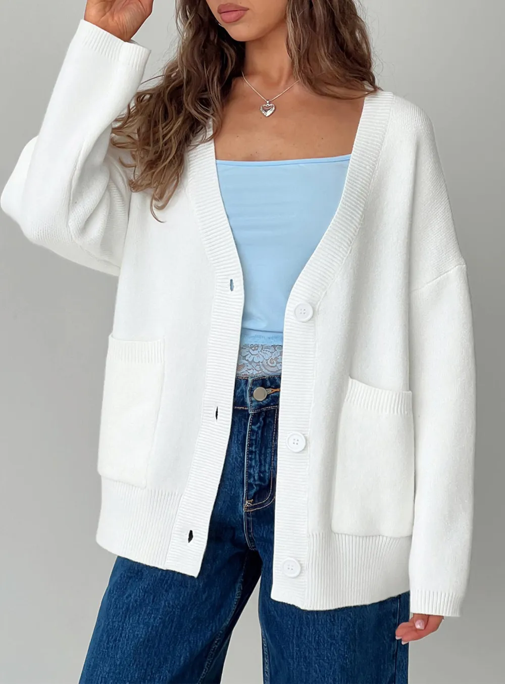 Deep Neck Cardigan White