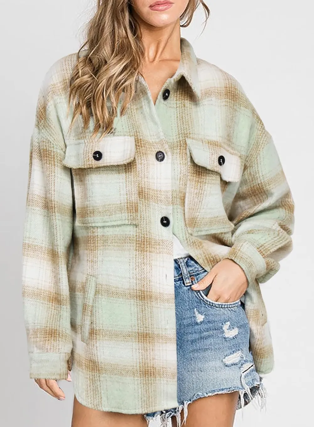 Women's Flannel Plaid Shacket Long Sleeve Button Down Chest Pocketed Shirts Jacket Coats