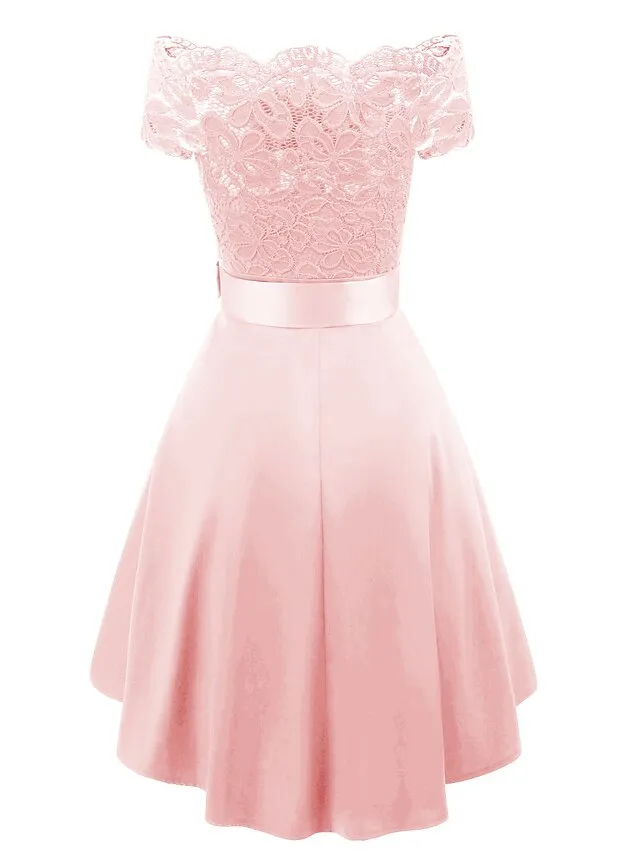 Women's Black Dress Party Dress Lace Dress Knee Length Dress White Pink Wine Short Sleeve Pure Color Lace Summer Spring Fall Off Shoulder Elegant Party Wedding Guest Birthday 2022 S M L XL XXL