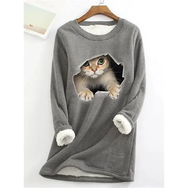 Women's Plus Size Sweatshirt Pullover Cat Teddy Sherpa Fleece Denim Blue Black White Street Casual Round Neck Long Sleeve Top Micro-elastic Fall & Winter
