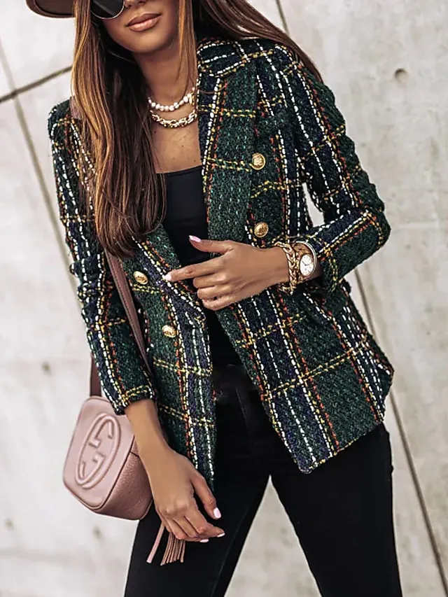 Women's Blazer Tweed Maillard Plaid Long Sleeve Coat Fall Winter Business Double Breasted Regular Jacket Green Brown XL 2XL 3XL