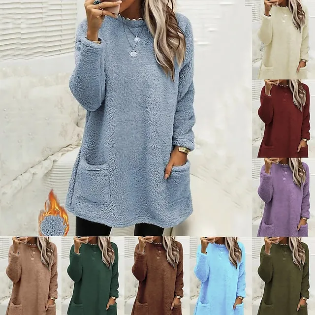 Women's Sweatshirt Pullover Sherpa Fleece Teddy Pocket Marron Black Blue Solid Color Street Casual Round Neck Long Sleeve Fleece S M L XL 2XL 3XL