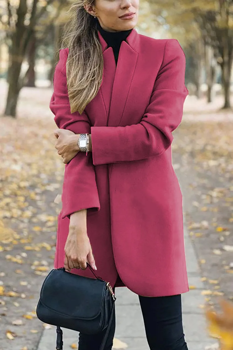 Solid standing collar slim long faux woolen coat
