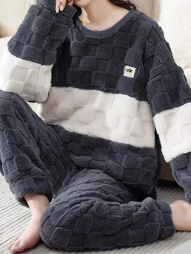 Women's Pajamas Sets Letter Bear Plush Casual Comfort Home Daily Bed Coral Fleece Coral Velvet Warm Crew Neck Long Sleeve Pullover Pant Fall Winter 3206 Pink Checkered Bear Girl 3202 Pink Checkered