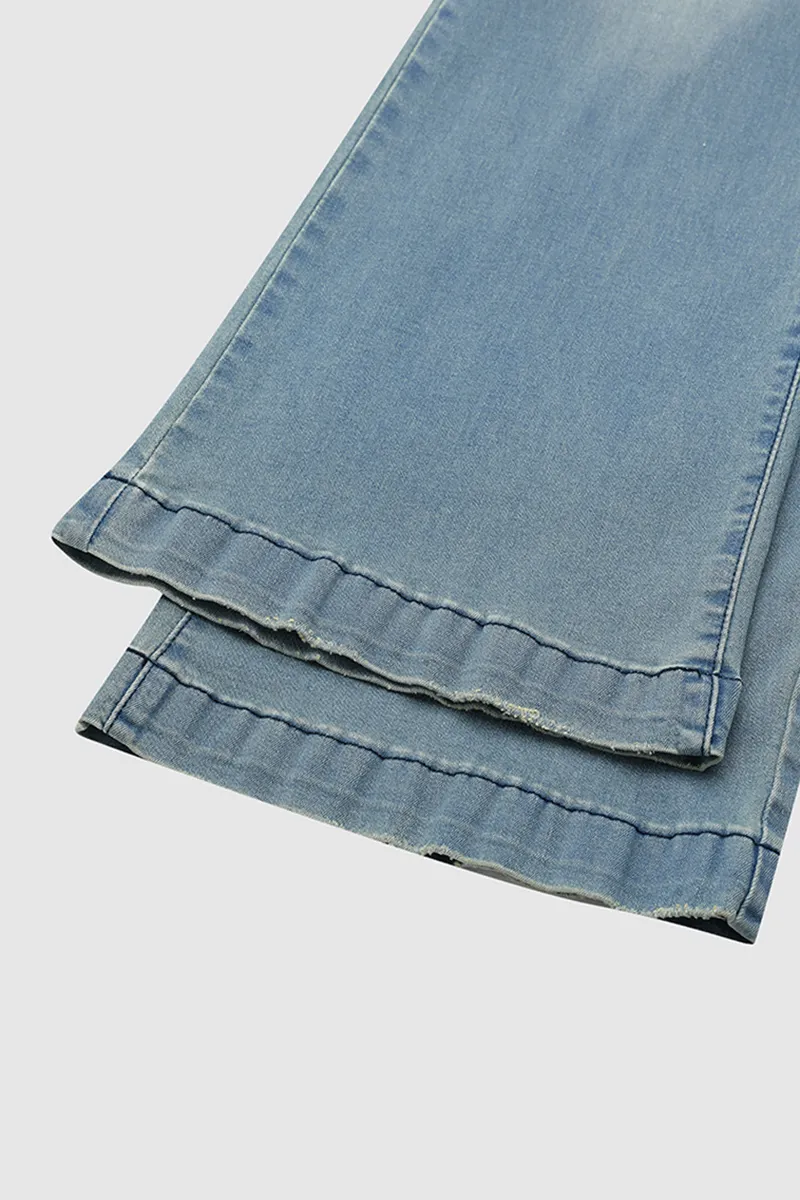 Button Up Raw Hem Mid Rise Flare Jeans