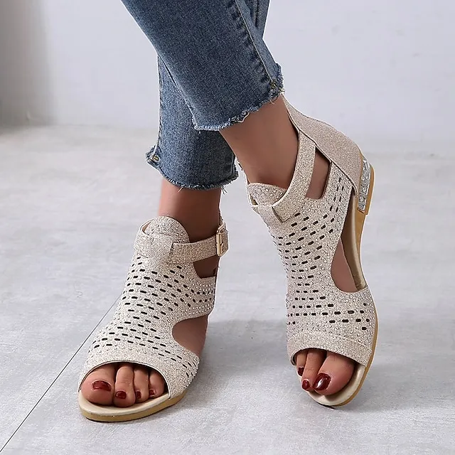 Women's Sandals Wedge Sandals Plus Size Party Outdoor Work Summer Spring Rhinestone Wedge Heel Peep Toe Elegant Classic Casual Faux Leather Zipper Solid Color Black Gold Beige