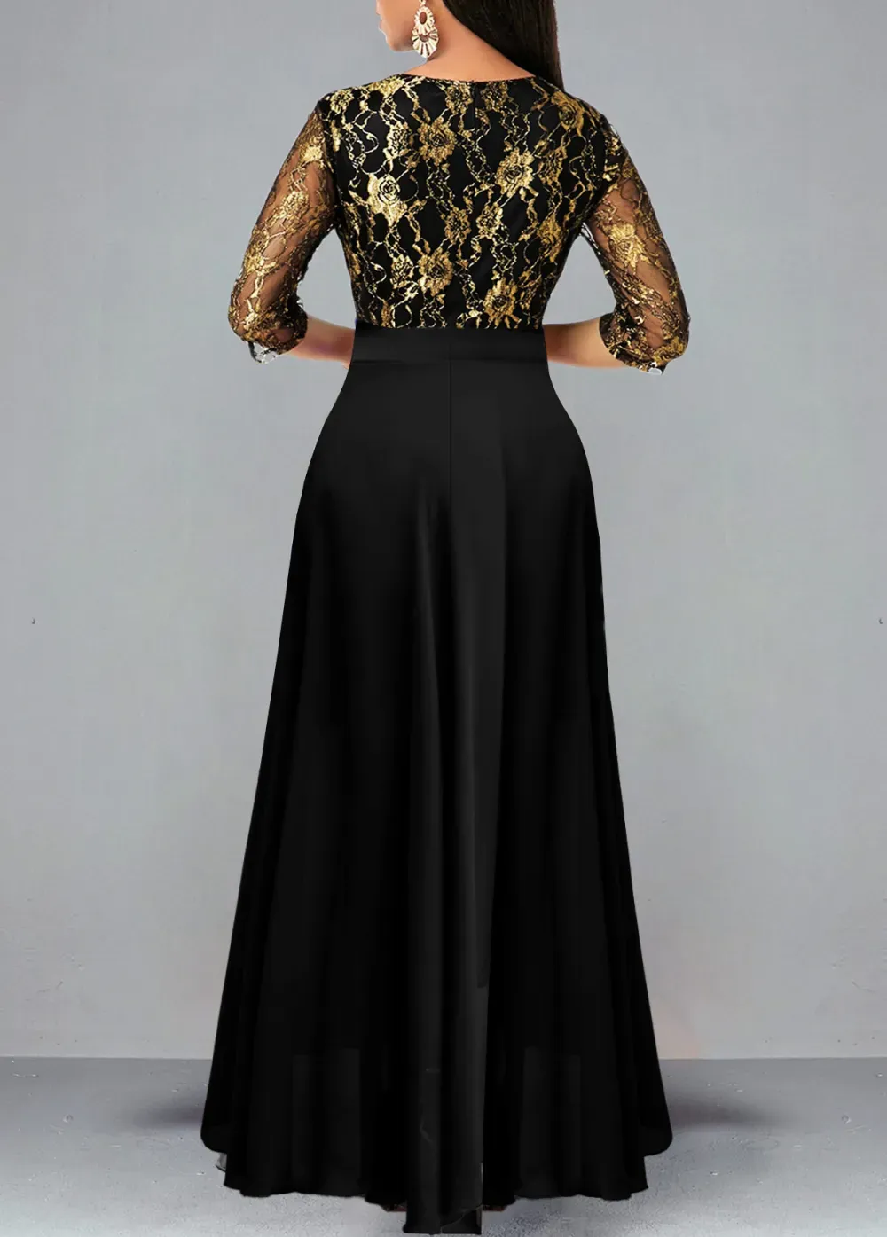 Black Floral Lace Panel High Low Dress