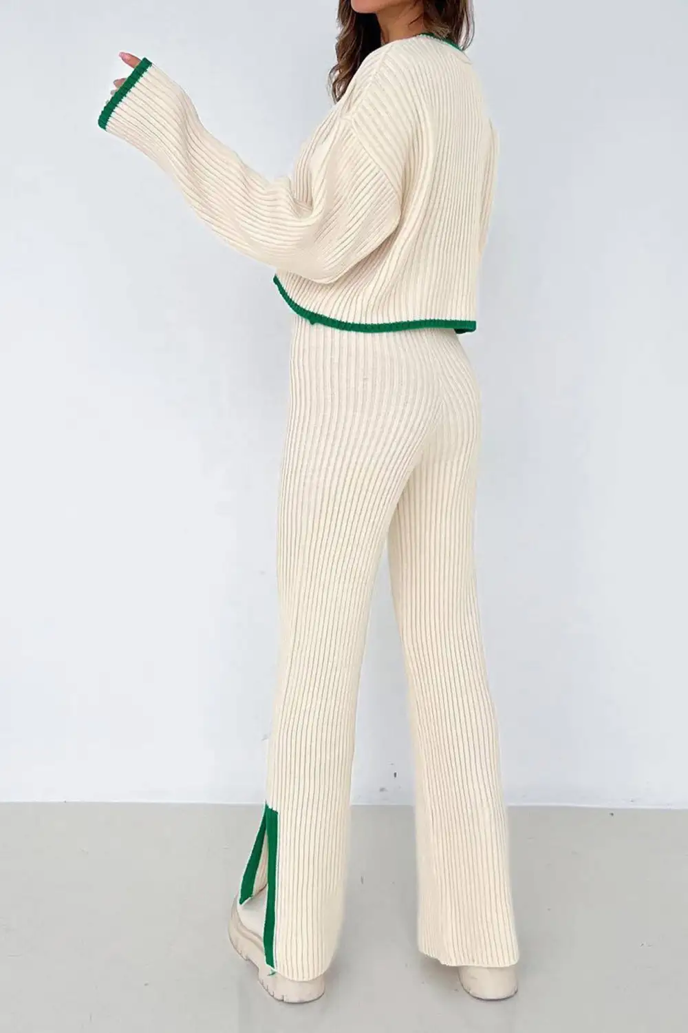 Contrast Ribbed Knit Crop Top Slit Long Pants Set
