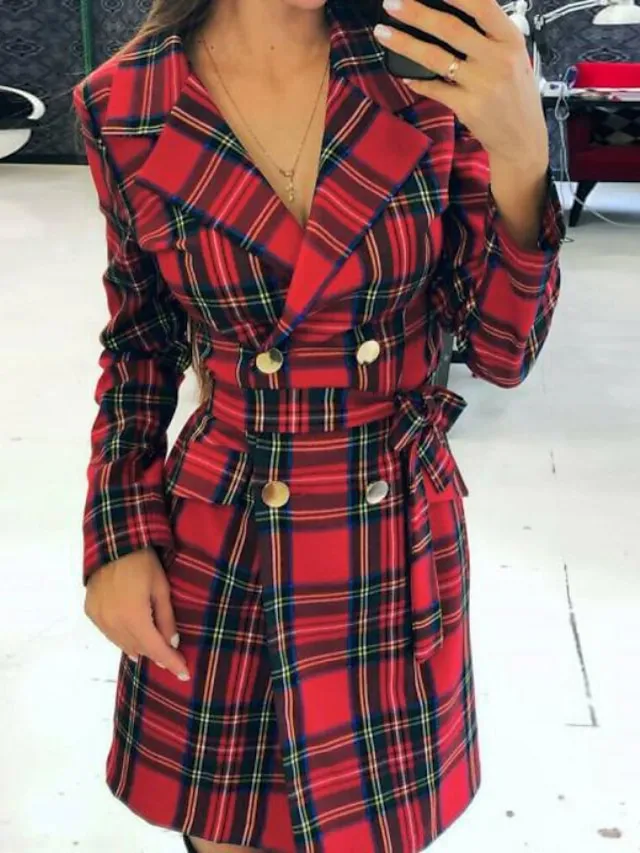 Women's Blazer Christmas Street Daily Xmas Summer Spring Long Coat Regular Fit Warm Breathable Streetwear Casual Jacket Long Sleeve Plaid / Check Pocket Red
