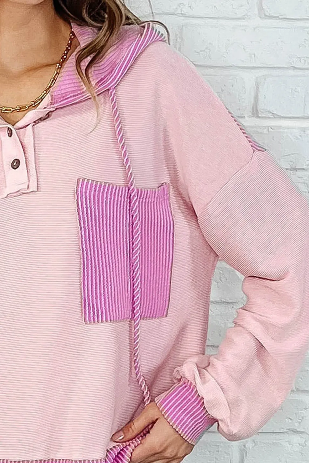Pink Daily Personality Striped Pocket Hoodie