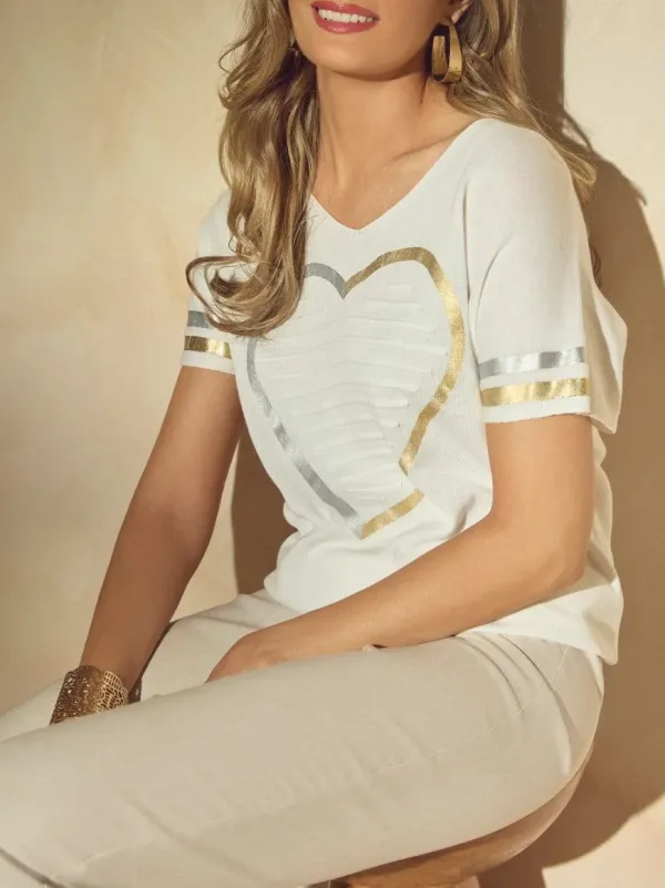 White Heart - Print V - Neck T - Shirt