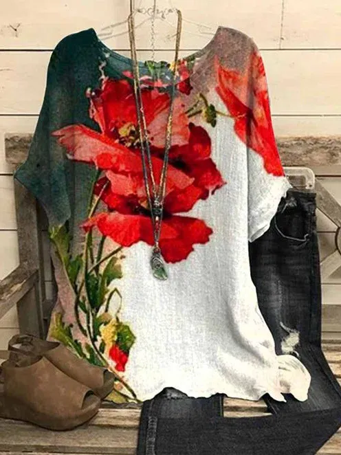 Floral Casual Loose Doll Sleeve Crew Neck Tops