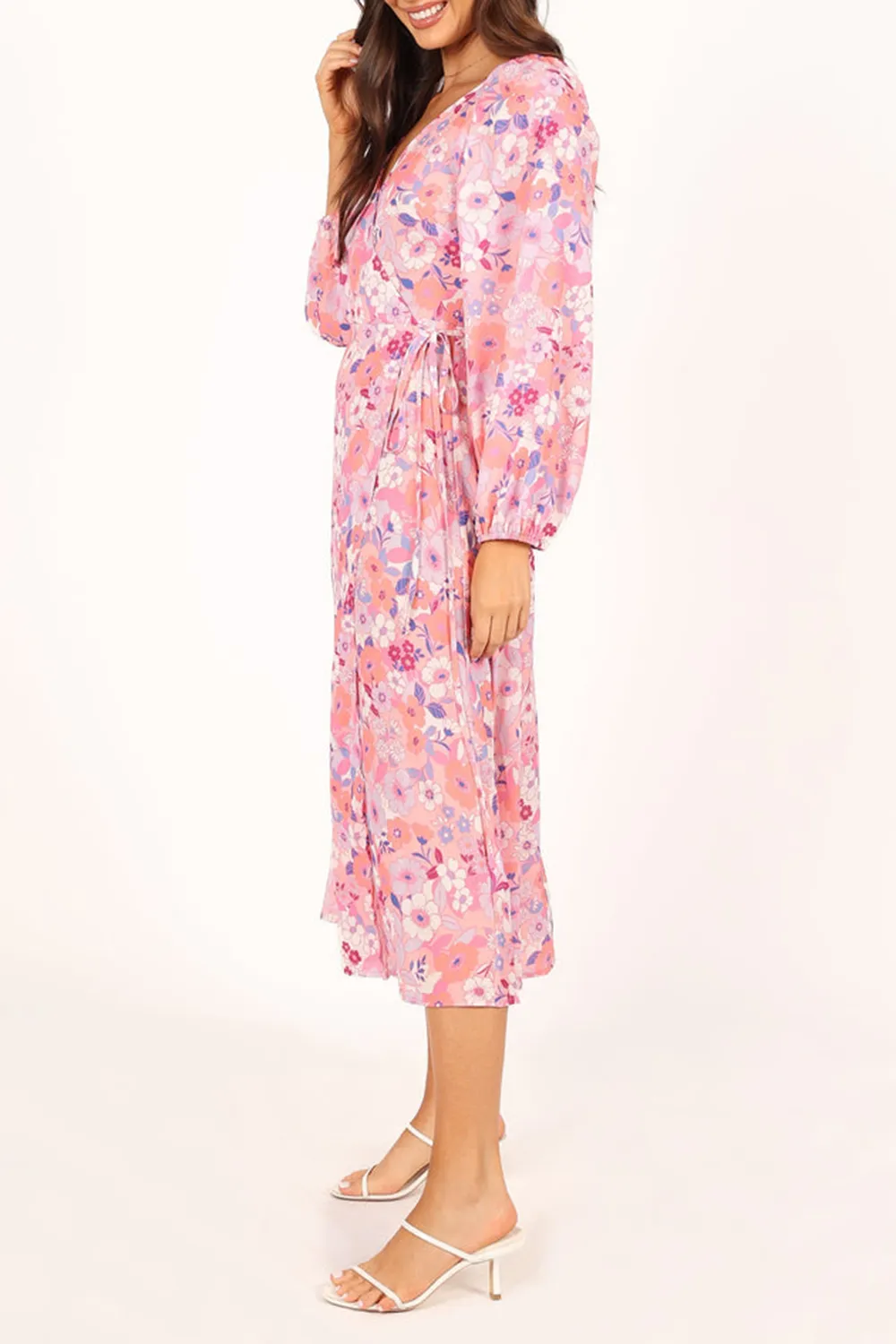 PINK FLORAL LONG SLEEVE MIDI DRESS