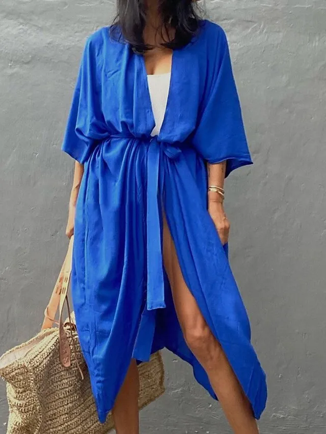 Women's Swimwear Cover Up Beach Top Normal Swimsuit Lace up Pleated UV Protection Pure Color Black White Red Royal Blue Beige V Wire Bathing Suits New Vacation Holiday