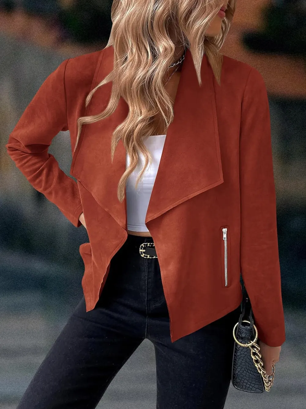 Women's Faux Suede Jackets 2023 Fall Clothes Long Sleeve Open Front Cropped Coat Outwear