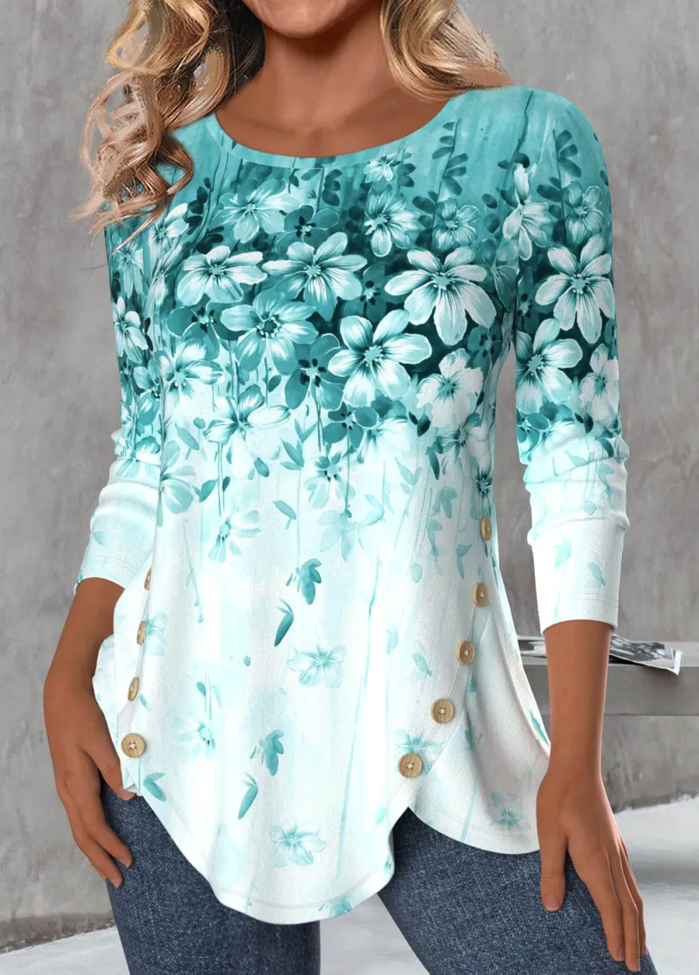 Mint Green Button Floral Print Long Sleeve T Shirt