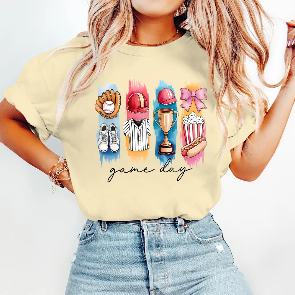 Baseball Game Day Printed Round Neck Short Sleeve T-Shirt