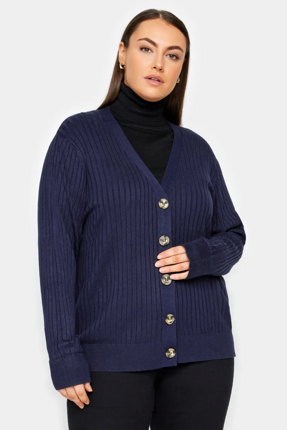 Evans Navy Blue Ribbed Knit Cardigan