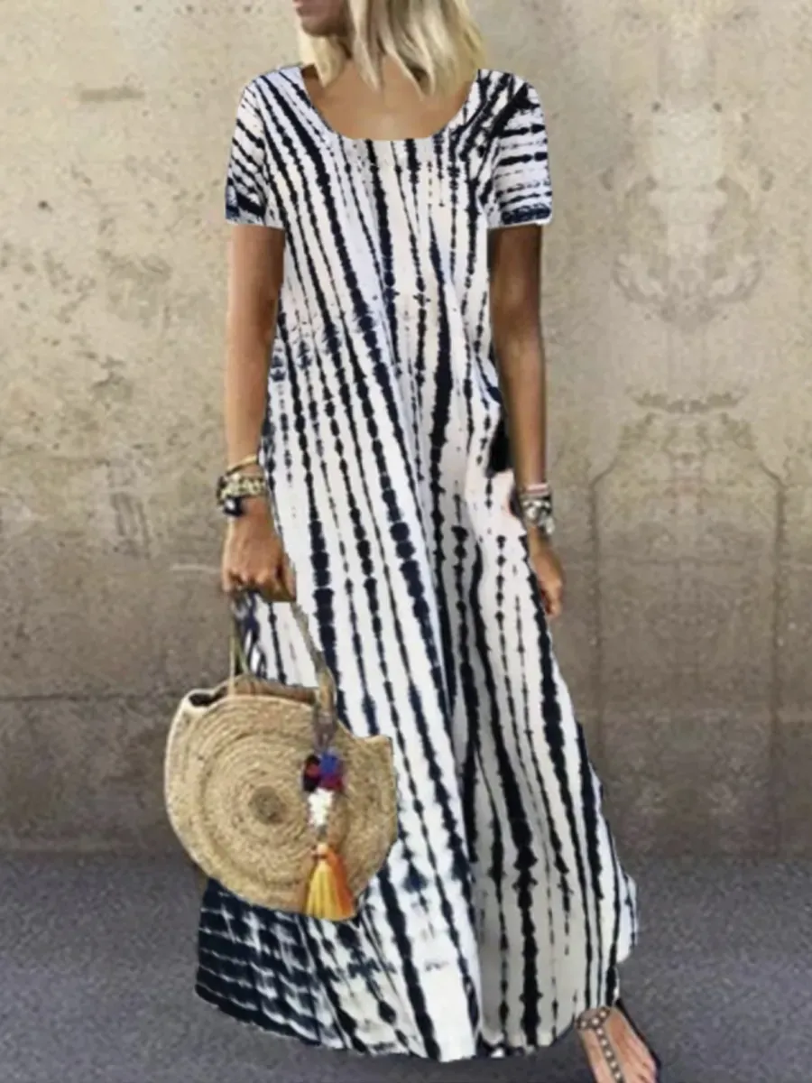 Ladies Round Neck Short Sleeve Tie-dye Printed Maxi Dress
