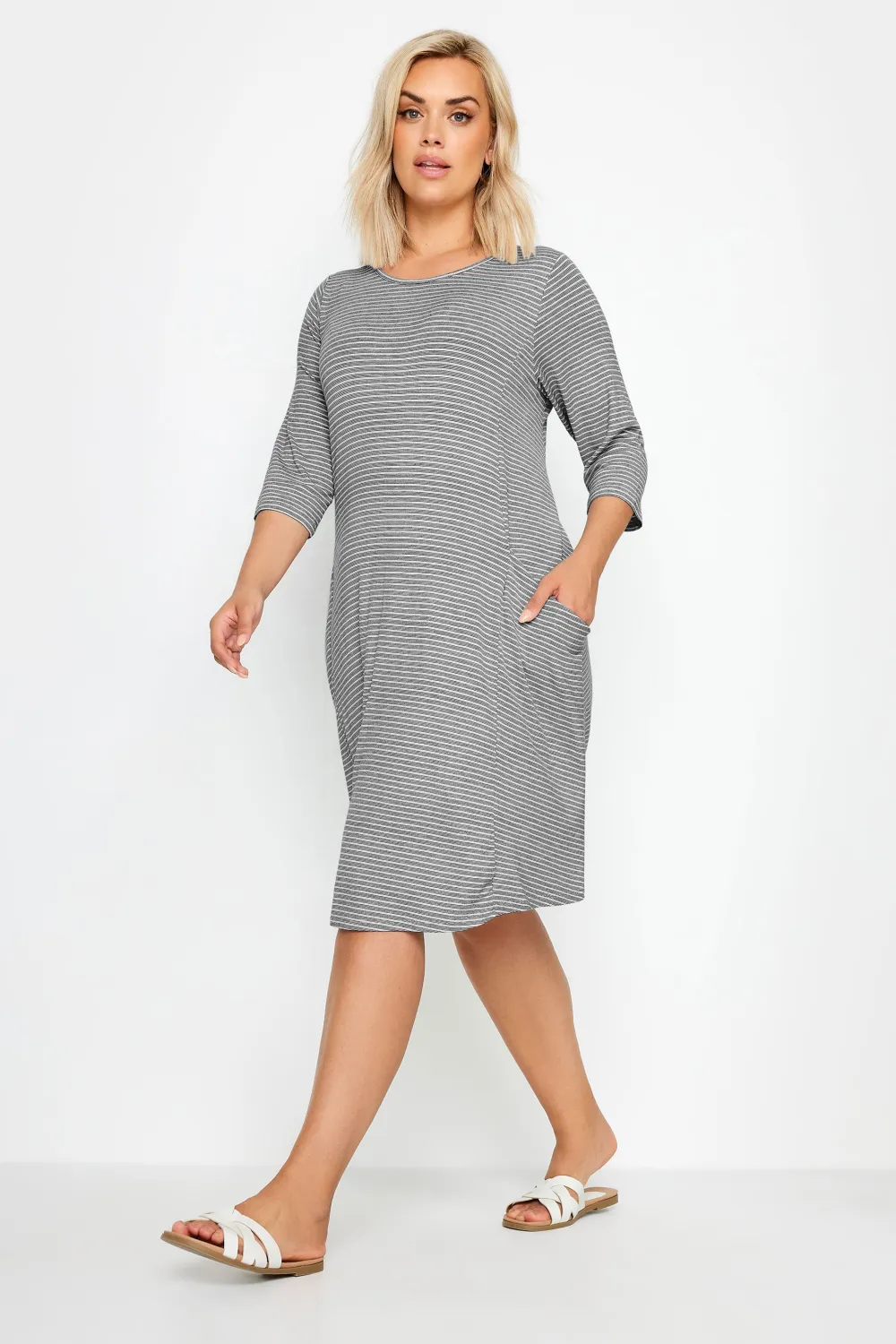 YOURS Curve Navy Blue Stripe Pocket Dress