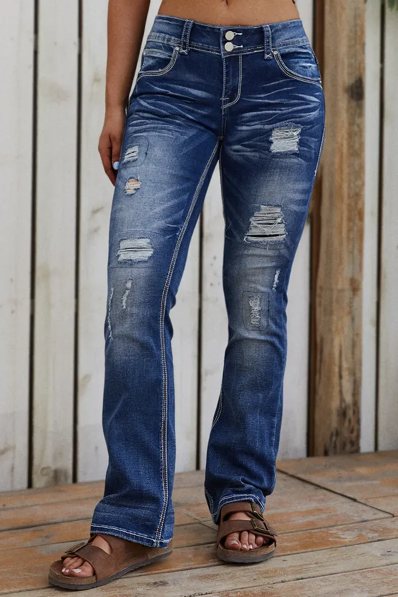 Ripped Contrast Stitch Mid Rise Bootcut Jeans