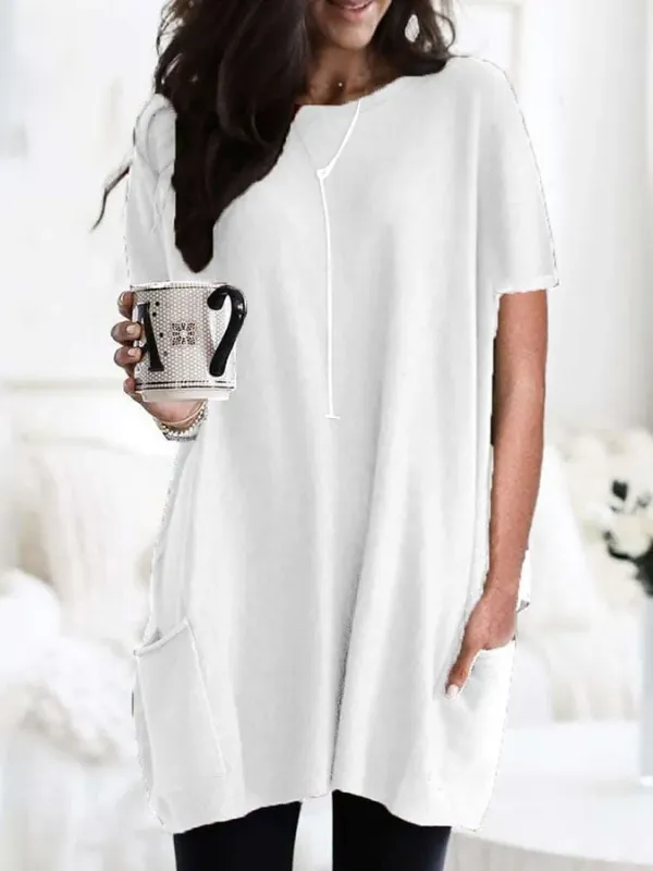 Solid Color Short Sleeve Casual Pocket T-Shirt